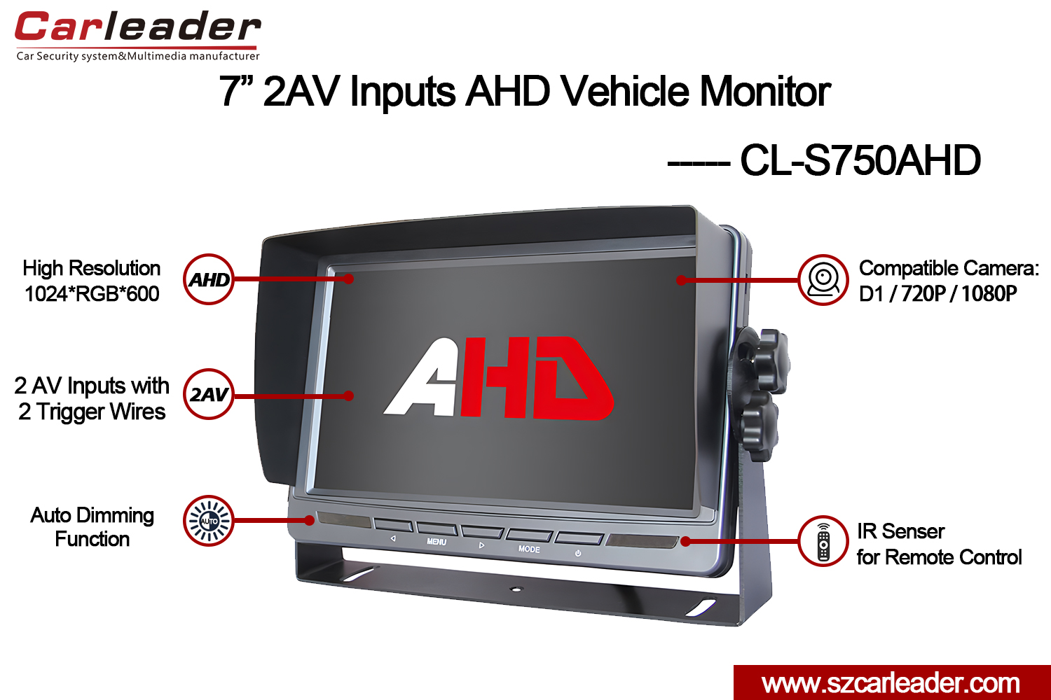 7 orlach TFT LCD Car Cúil Amharc Monatóireacht AHD