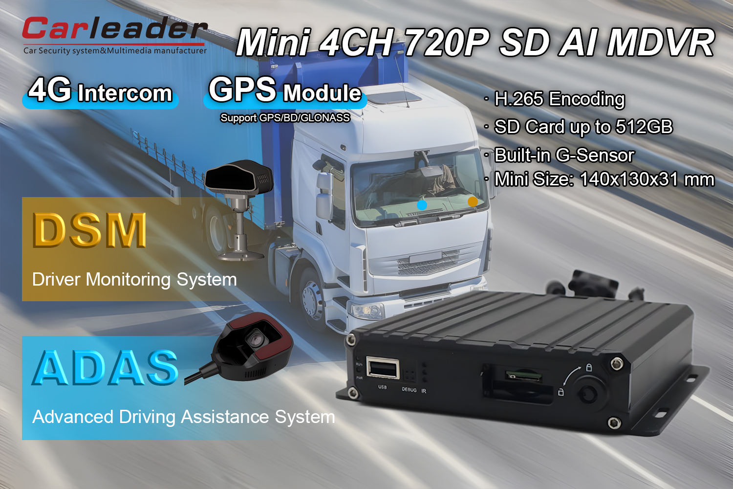 4CH AHD 1080P Cárta SD AI Tacaíocht MDVR DSM ADAS