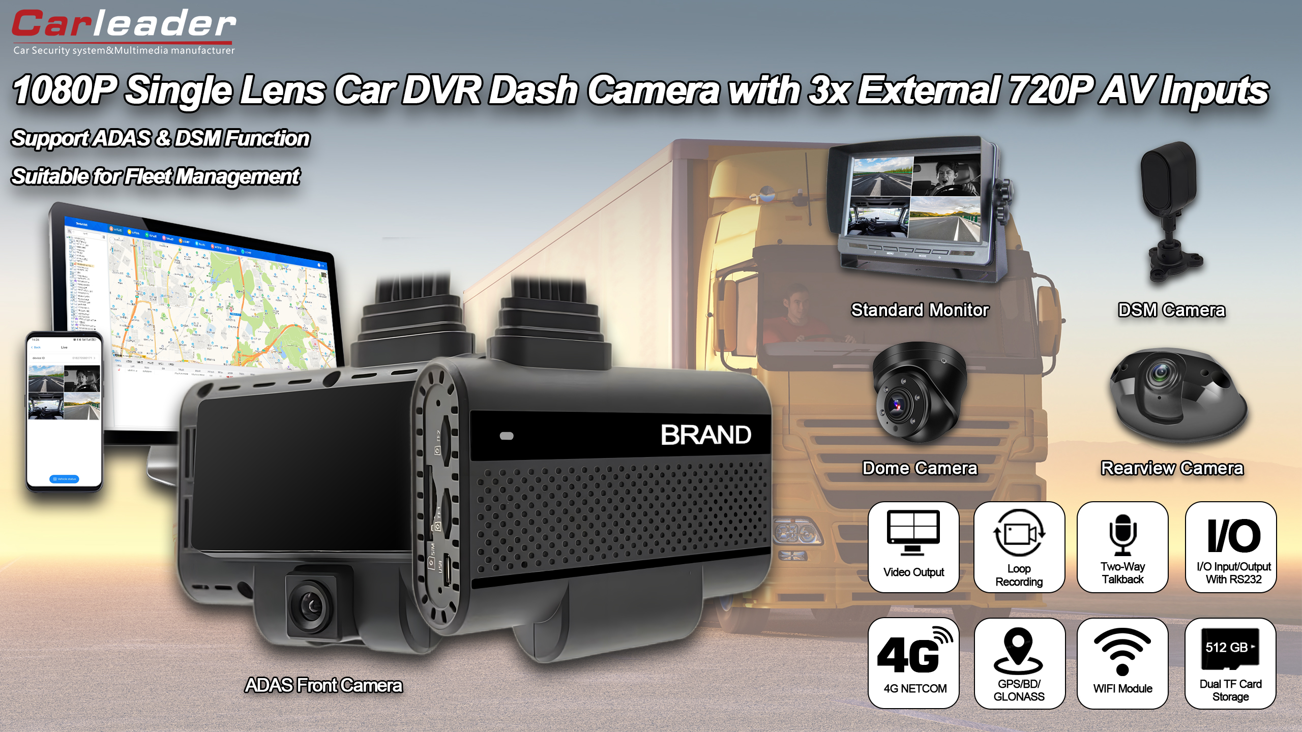 Carleader 4ch DVR AI System Ceamara Dash do Bhainistíocht Flít